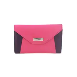 Genuine Soft Leather Purse RFID with contrast envelope style panels and metal bar Purple & Pink