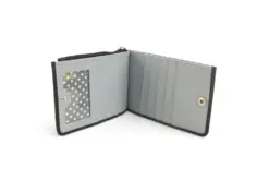Genuine Leather purse with contrast panel and piping stripe detailing. RFID Black & Grey