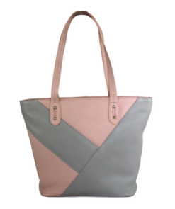 Finest Leather Tote Handbag with Buckle Detail-  Pink/ Grey
