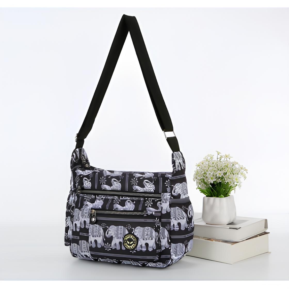 Black & White Elephants All over Print Large Satchel Cross Body