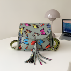 Green Butterfly Crossbody with Tassel Stud Detail & Wide Strap