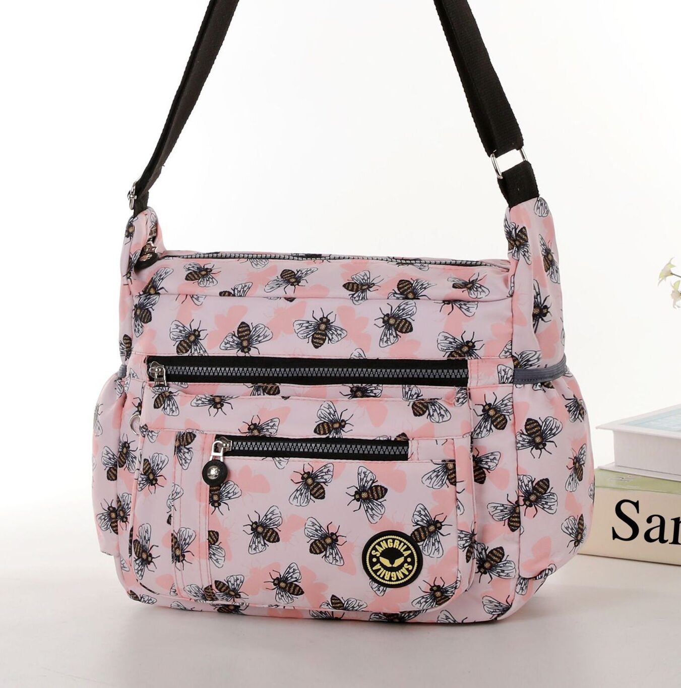 Bees All over Print Large Satchel Cross Body pink shadow