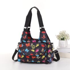 Black Butterflies Cross Body Tote Shoulder Bag Multiple Zip Compartments