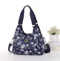 Navy White Flowers Cross Body Tote Shoulder Bag Multiple Zip Compartments