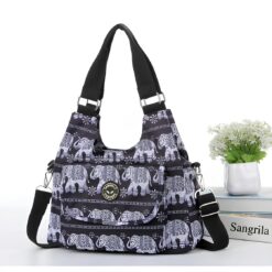 Black & White Elephants Cross Body Tote Shoulder Bag Multiple Zip Compartments