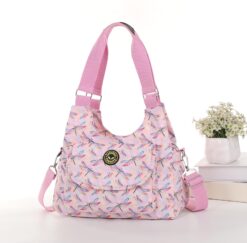 Pink Dragonflies Cross Body Tote Shoulder Bag Multiple Zip Compartments