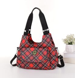 Shortbread Tartan Cross Body Tote Shoulder Bag Multiple Zip Compartments