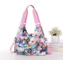 Floral Pinks Cross Body Tote Shoulder Bag Multiple Zip Compartments