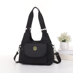 Plain Black Cross Body Tote Shoulder Bag Multiple Zip Compartments