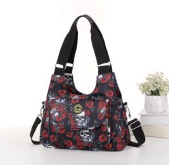 Skull & Roses Cross Body Tote Shoulder Bag Multiple Zip Compartments