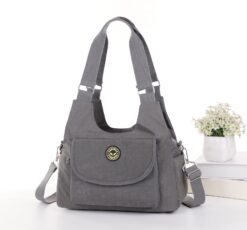 Plain Grey Cross Body Tote Shoulder Bag Multiple Zip Compartments