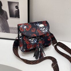 Skull & Roses Vegan Cross Body Bag Saddle Style With All Over print And Tassel Stud Detail